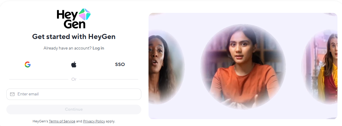 HeyGen sign up interface for new user registration